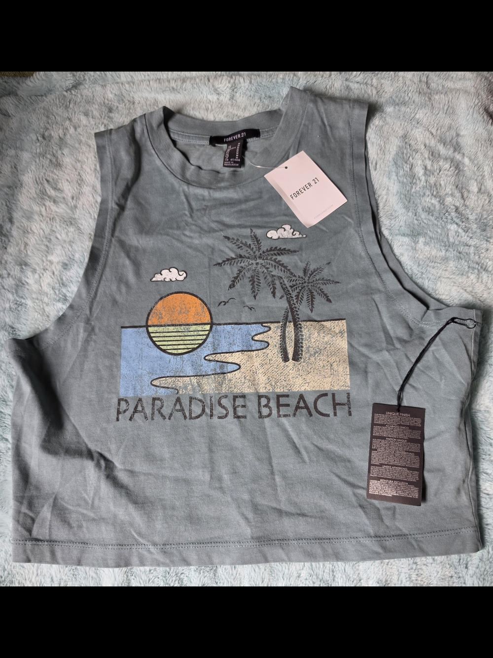 Forever 21 Dusty Teal Paradise Beach Graphic Cropped Tank